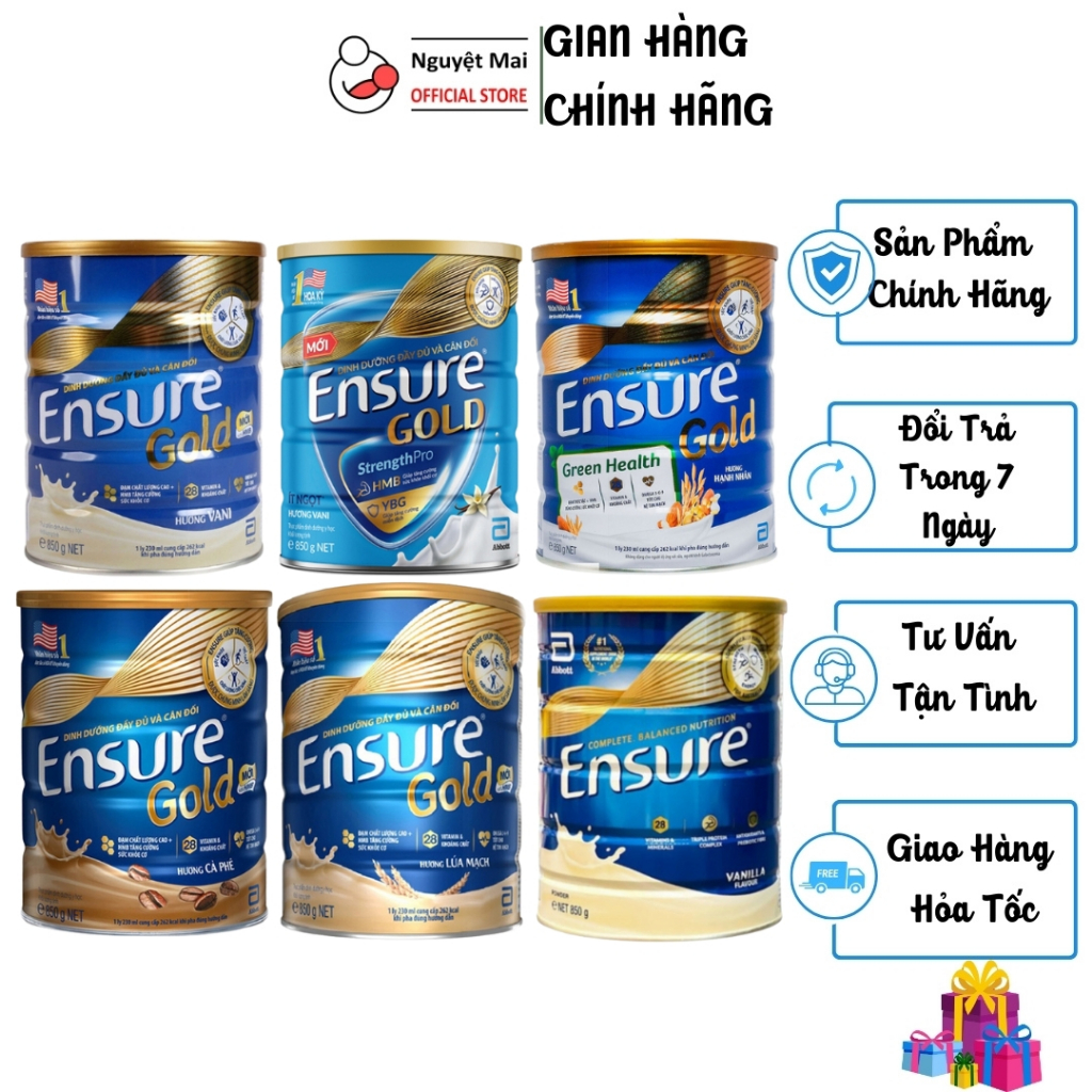 Sữa Bột  Abbott Ensure Gold HMB Hương Vani/ Vani Ít Ngọt/ Hạnh Nhân/ Cà phê/ Lúa Mạch/ Ensure Úc - Hộp 850g/800g