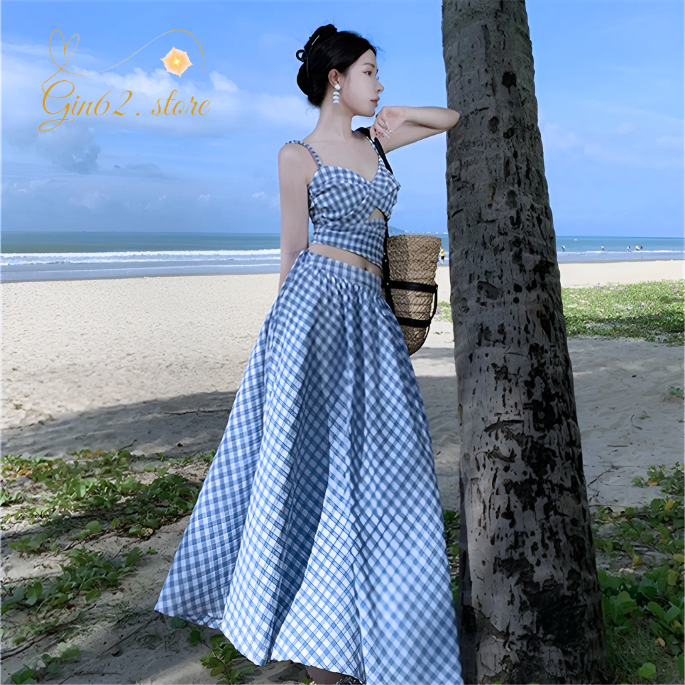 Váy Đi Biển - Áo Bikini Thắt Nơ Lưng Mix Với Chân Váy Maxi Dáng Dài Kẻ Caro Siêu Hot Đi Biển, Du Lịch Gin62.store | BigBuy360 - bigbuy360.vn