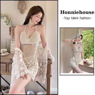Set bộ bikini đi biển len móc 3 món gồm áo bra tua rua, quần len móc, áo khoác mỏng tay lỡ