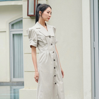Váy suông dáng dài cộc tay chiết eo nhẹ, tay bồng, chất liệu kaki mềm mát, ít nhăn Ria shirt dress Caffeine Studio