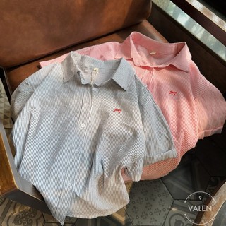 Áo smi kẻ tay thêu - nơ ngực