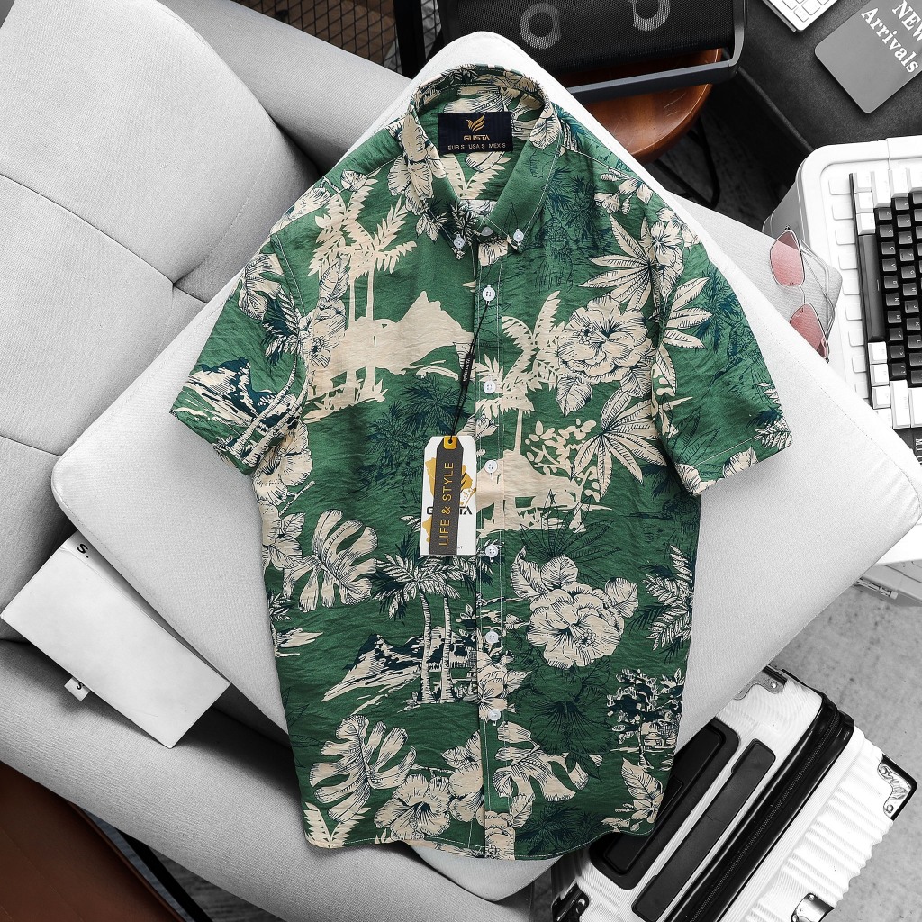 Áo sơ mi GUSTA hoạ tiết đi biển  chất đũi mát mẻ hoạ tiết phong cách cho hè năng động SMHT01