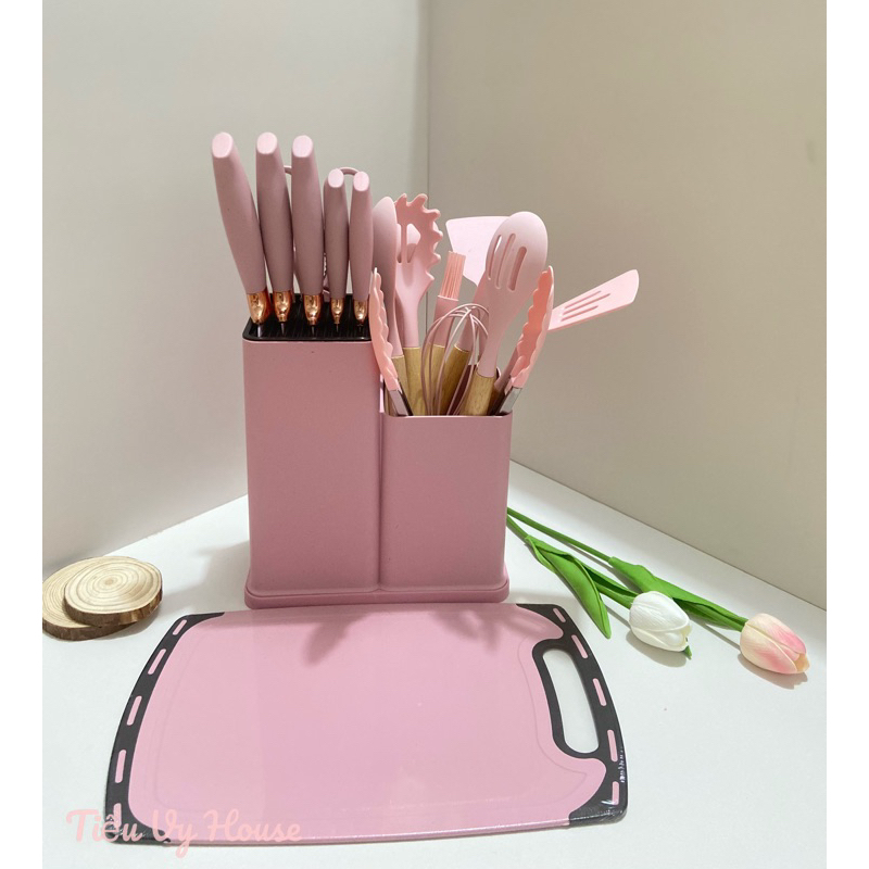 Combo bộ dao kéo dụng cụ nhà bếp 19 món nấu ăn bằng silicon thép ko gỉ có cán gỗ, tặng kèm thớt