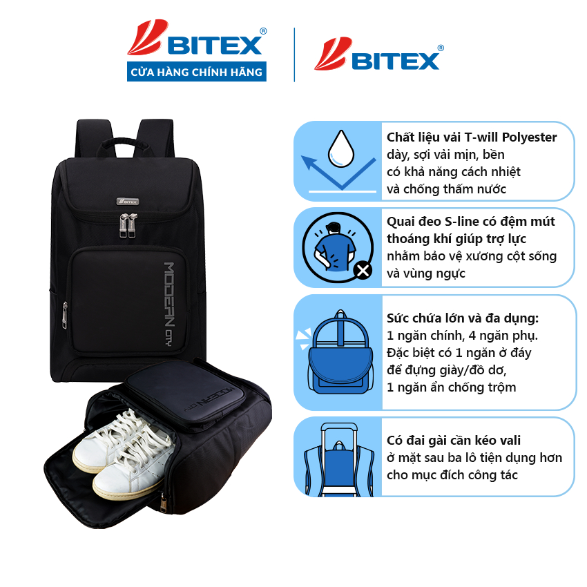 Balo tiện lợi Laptop, ngăn đựng giày phù hợp dân văn phòng đi tập thể dục Bitex Modern City B-090 | BigBuy360 - bigbuy360.vn