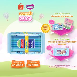  Khăn ướt Bobby không mùi 100 tờ/gói (Xanh)