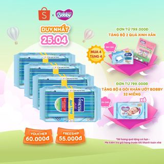  -  Bộ 4 gói Khăn ướt Bobby không mùi 100 tờ/gói (Xanh)