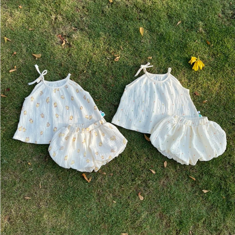 Bộ hai dây bé gái mặc hè xô muslin Áo Lá Homewear A134, bộ yếm quần bí bé gái xô đũi babydoll dễ thương