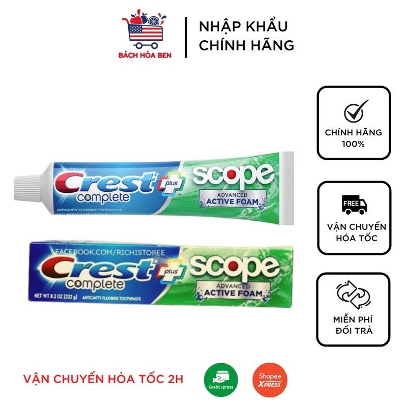 Kem đánh răng Crest Complete Scope Mỹ 232g