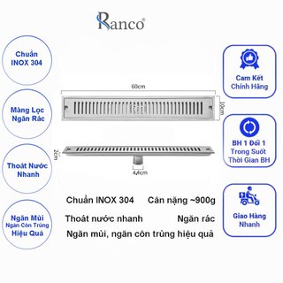 Phễu thoát sàn chữ nhật RANCO chất liệu inox 304 dài 60 cm, rộng 10 cm, phi 45 RO - 284A