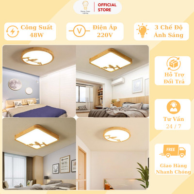Đèn Ốp Trần Energy Green Lighting OT-98307 - (40cm) Gỗ Dáng Hình Vuông - Hình Tròn Trang Trí Hình Chú Chim - BH 1 Năm