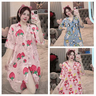Váy sơ mi lụa đầm ngủ dáng dài suông phom rộng họa tiết dễ thương LANUTA QE
