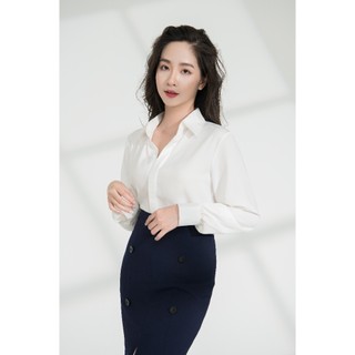 Áo sơ mi nữ công sở cơ bản trắng mịn cổ đức giấu cúc Jill Harriet