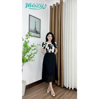 Đầm xòa cổ tròn áo thiết kế hóa tiết dính hoa[ MOZY ] đầm thời trang, lịch sự, dịu dàng dành cho nữ[ MZD04 ]
