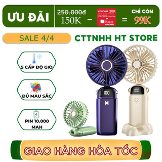 Quạt cầm tay tích điện mini siêu mát để bàn kiêm giá đỡ điện thoại, 5 cấp độ gió, pin trâu, màn hình LED hiển thị % pin