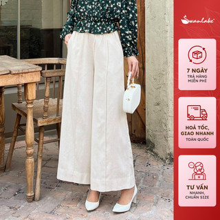 - Quần Linen Nữ Cạp Cao Lưng Thun Dáng Suông Ống Rộng Xếp Ly Gân Vải Linen Cao Cấp Swanlake - Q1140