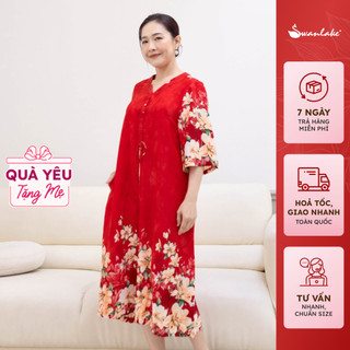 SWANLAKE | Váy Đầm Trung Niên Dáng Suông Dài In Hoa Tay Lỡ Cổ Tim Viền Cách Điệu Túi Vải Mango Tặng Mẹ Bà - D11288LW01