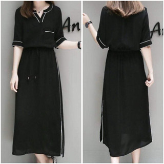 Đầm váy cổ trụ đen viền trắng thun eo xuongvnxk vnxk (kèm hình thật)