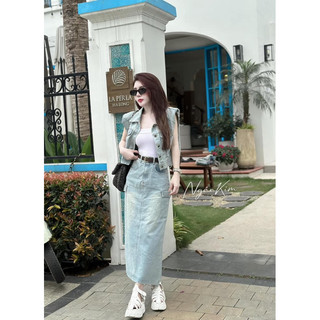 Set váy gile jean mài kèm đai