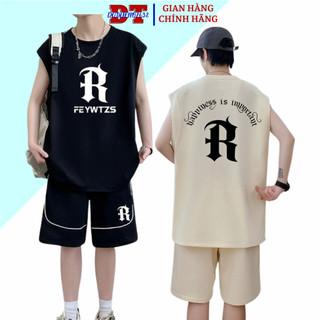 Đồ Bộ Quần áo Nam Ba Lỗ Sát Nách mùa hè cộc tay mặc ở nhà họa tiết kẻ viền in chữ R ,Bộ Đùi Nữ tập gym yoga bóng chày