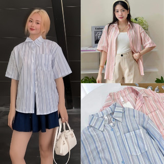 Áo Sơ Mi Tay Ngắn Kẻ Sọc To Phối Màu Siêu Xinh, Labibi