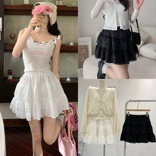 Chân Váy Ngắn Dáng Xòe 2 Tầng Viền Ren Bồng Bềnh 2 Màu Đen Trắng, Labibi