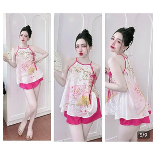Đồ bộ mặc nhà ,sét đồ bộ nữ pijama áo lụa gấm+ quần đùi latin có túi form 40-60kg