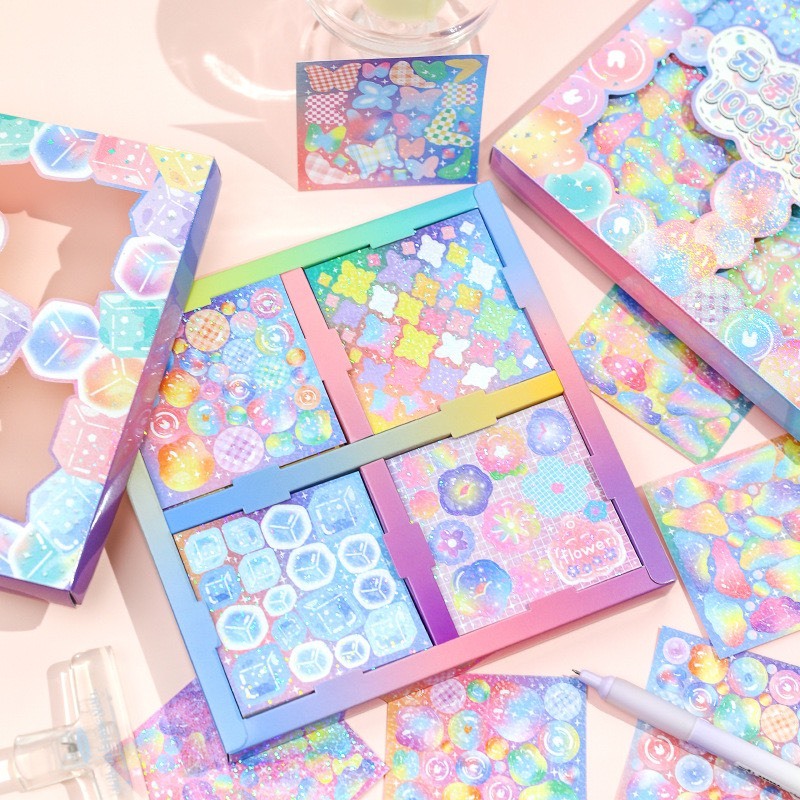 Hộp 100 tấm sticker vuông đế nhựa lấp lánh chống nước
