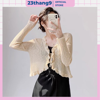 Áo khoác cardigan mỏng , áo khoác len dáng ngắn dài tay phối bèo cột nơ màu kem màu trắng QCCC basic ulzzang 23thang9