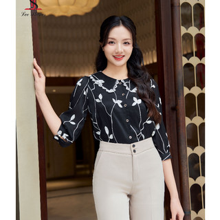 Áo sơ mi cổ nằm phối ren Lee Shines, vải tơ lụa mềm mại không nhăn nhàu