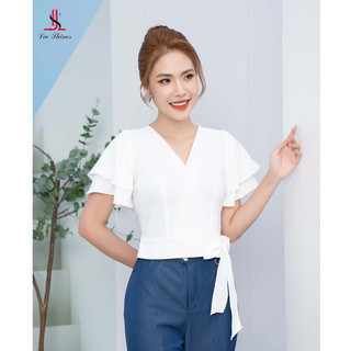 Áo sơ mi nơ eo nữ dáng crotop, họa tiết chữ, áo sơ mi công sở Lee Shines
