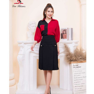 Chân váy A xếp ly 2 bên Lee Shines, có túi giả 2 bên đính cúc ngọc trang trí