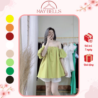  Áo Bẹt Vai Tay Bồng Bo Chun Áo Trễ Vai Kiểu Dáng Baby Doll Vải Kate Dễ Thương Đi Chơi Biển 