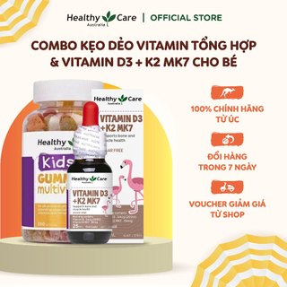 Combo Kẹo Dẻo Vitamin Tổng Hợp Cho Bé Healthy Care 250 Viên & Vitamin D3K2 MK7 Healthy Care Lọ 25ml Tăng Miễn Dịch