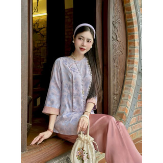  pháp phục đi chùa, Bộ lam đi chùa vạt hò đính đá sang trọng lịch sự