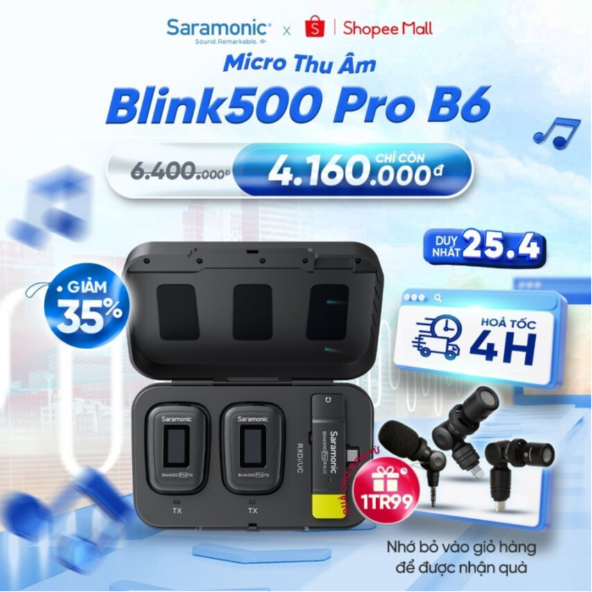 Micro Thu Âm Không Dây Saramonic Blink500 Pro B6 - Dành Cho Điện Thoại Cổng Type-C - Bảo Hành Chính Hãng 24 Tháng