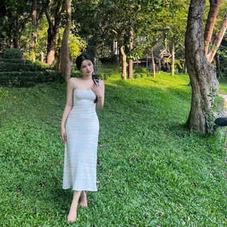 Đầm dài midi dáng A xoè chất thun len đan dây lưng