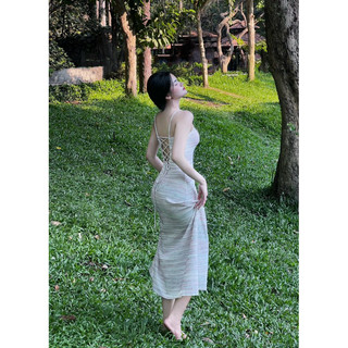 Đầm dài midi dáng A xoè chất thun len đan dây lưng