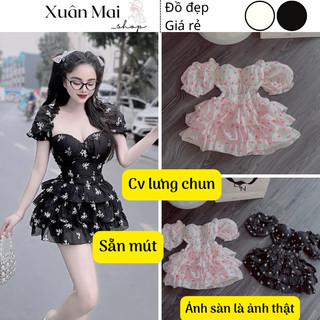 [FREESHIP] Set xốp nhún co giãn áo hai dây xoè bồng babydoll phối quần bí 6 màu bán rất chạy