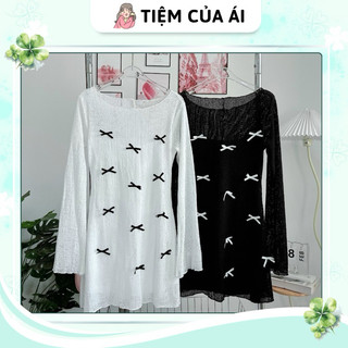 Đầm cổ thuyền đính nơ xốp lưới tay dài loe form xoè tiểu thư