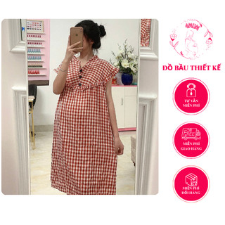 Váy cộc tay viền cổ bèo mặc bầu và sau sinh ( kẻ đỏ và kẻ đen) - 40-65kg HABU