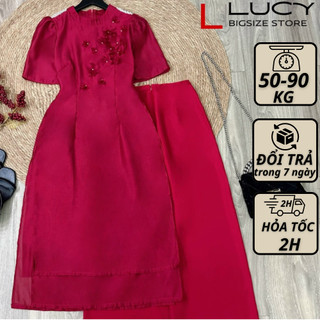 Áo dài bigsize nữ cách cổ vuông thiết kế kèm quần LUCY 50 - 90 kg