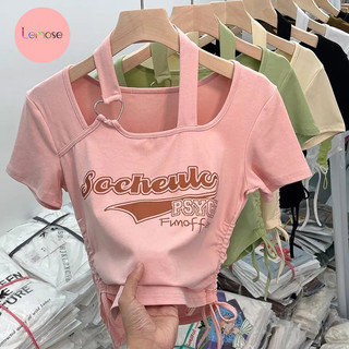 Áo Croptop Thun Nữ Có Dây Rút In Chữ Cá Tính