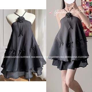 2 LỚP | Set bộ Áo yếm đính bông nơ mix Chân váy xòe A lưng chun siêu xinh Ulzzang