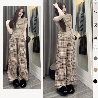 Quần kẻ caro ống rộng cạp cao lưng chun ống suông rộng choustorei