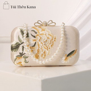 Túi cốp cầm tay, túi đi tiệc thêu hoa mẫu đơn hình dáng chữ nhật,túi thêu kiểu dáng thanh lịch TC04