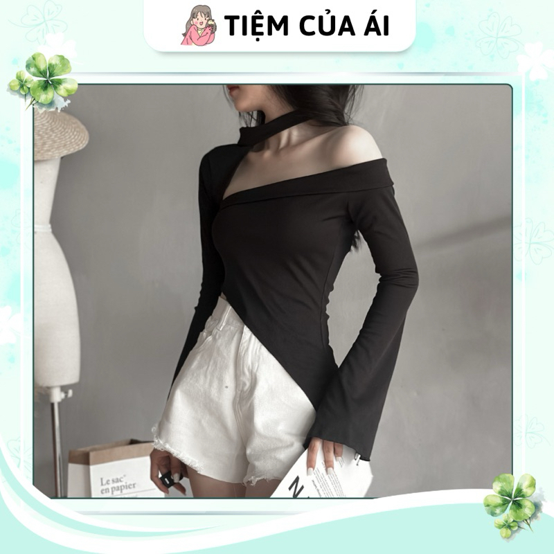 Áo kiểu cổ choker trễ vai tay dài loe vạt xéo