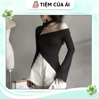 Áo kiểu cổ choker trễ vai tay dài loe vạt xéo