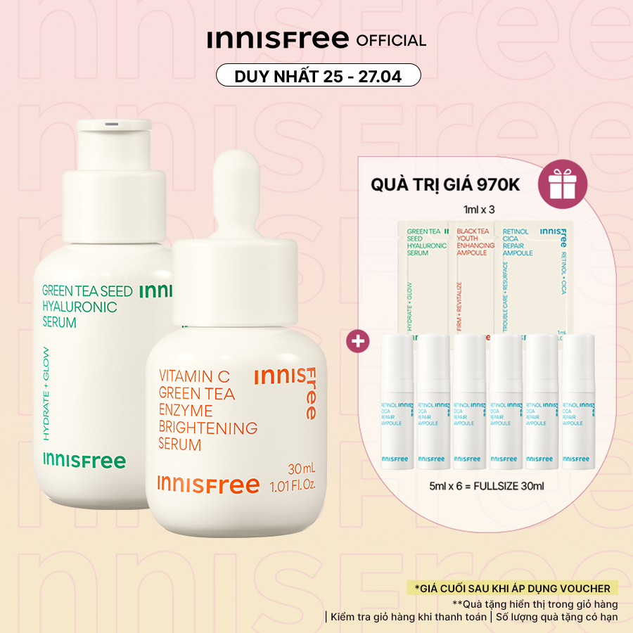 Bộ đôi serum cấp ẩm - dưỡng sáng da Tinh chất INNISFREE GreenTea Seed Hyaluronic 80mL và Vitamin C Green Tea Enzyme 30ml