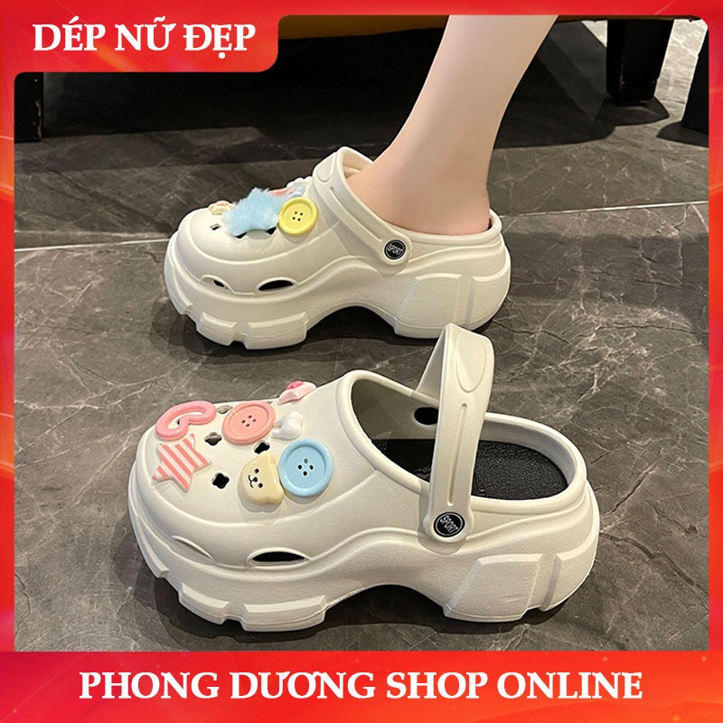 Dép nữ, Dép Cross đế cao 5cm, Dép Crocs nữ, Sticker Gấu ngôi sao cúc áo, đế chống trơn trượt