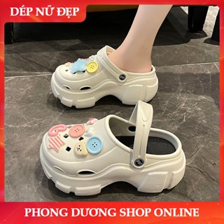 Dép nữ, Dép Cross đế cao 5cm, Dép Crocs nữ, Sticker Gấu ngôi sao cúc áo, đế chống trơn trượt